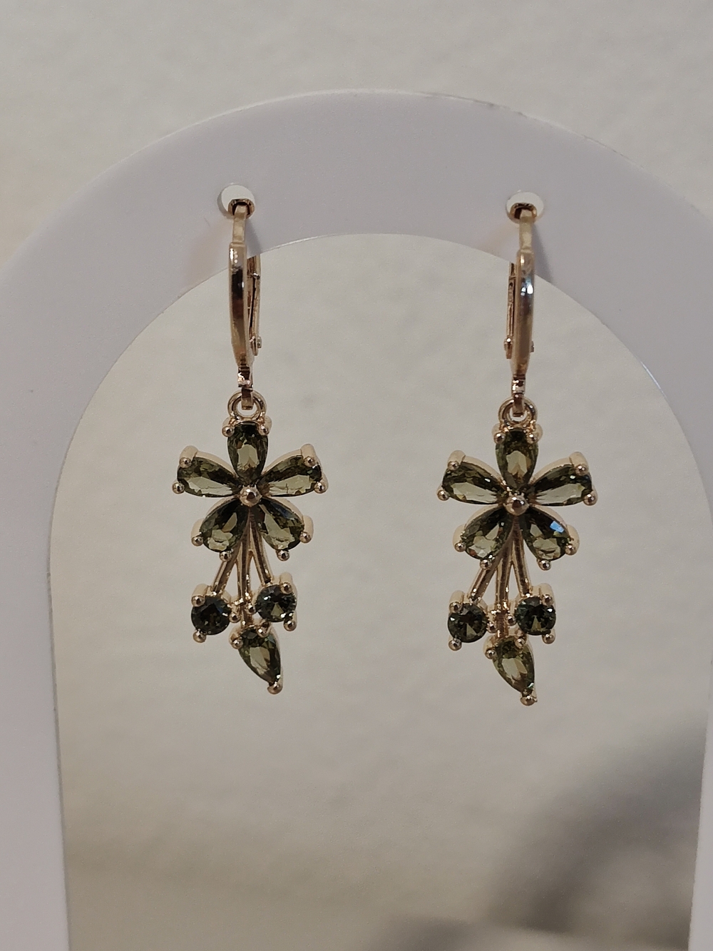 Gold-Tone Olive Green Floral Drop Earrings